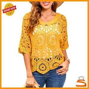 Women's Crochet Pullover Sweater V-Neck Lace Cover-Up Boho